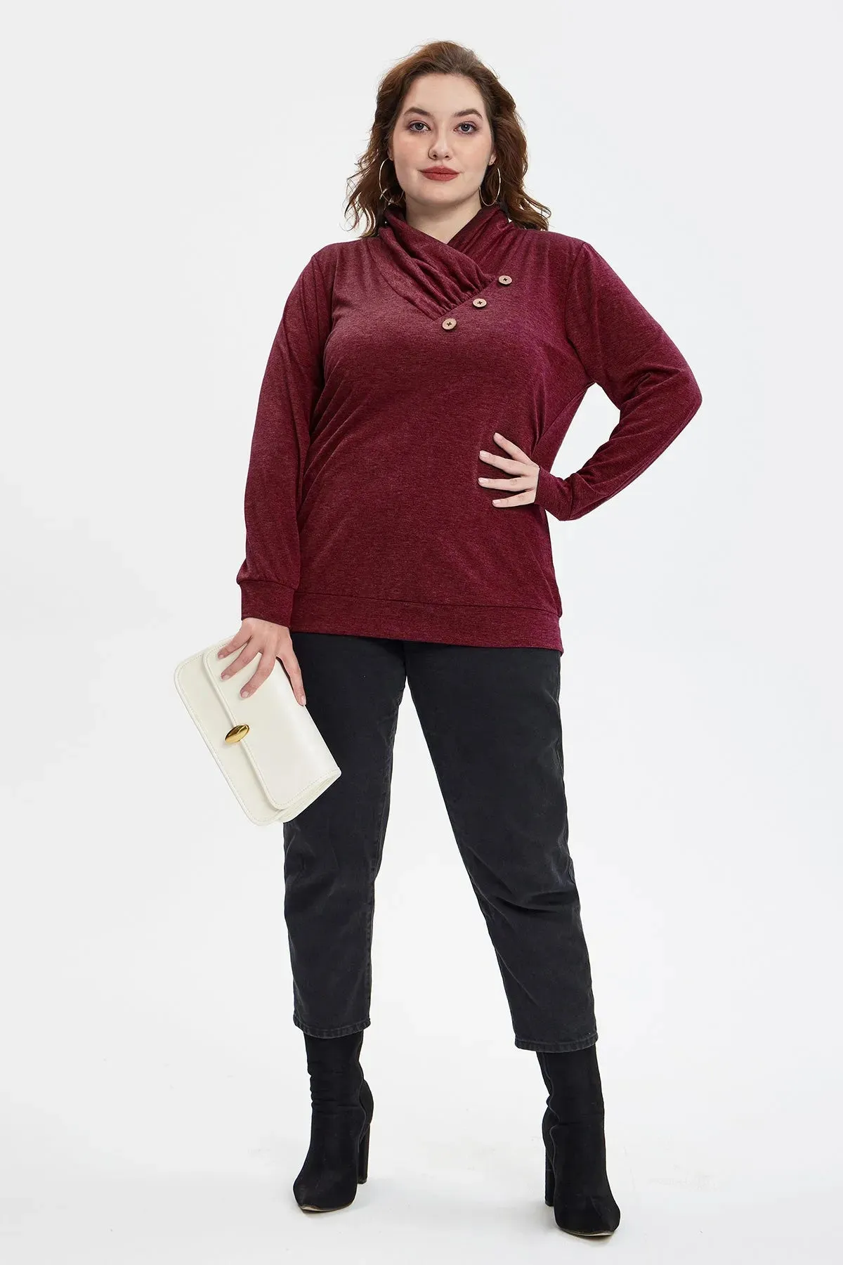 Plain Cowl Neck Decor Buttons Shirt