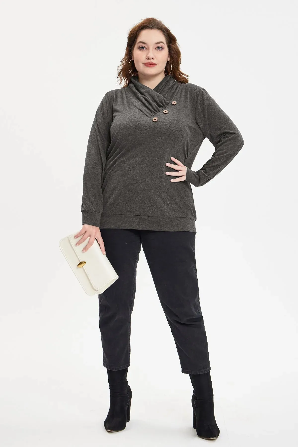 Plain Cowl Neck Decor Buttons Shirt
