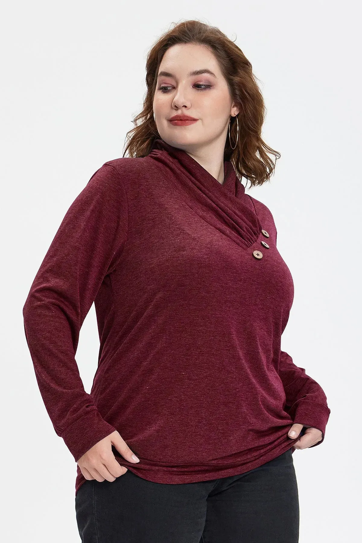 Plain Cowl Neck Decor Buttons Shirt