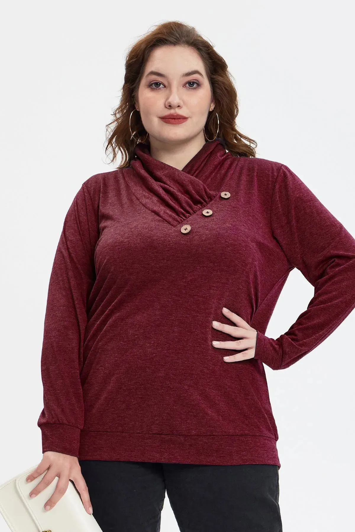 Plain Cowl Neck Decor Buttons Shirt