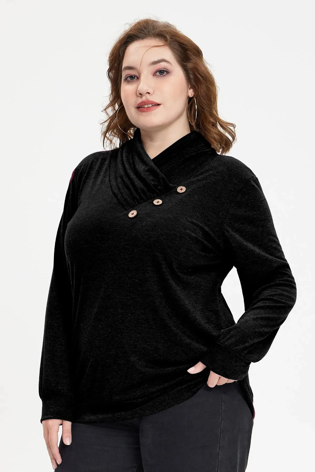 Plain Cowl Neck Decor Buttons Shirt