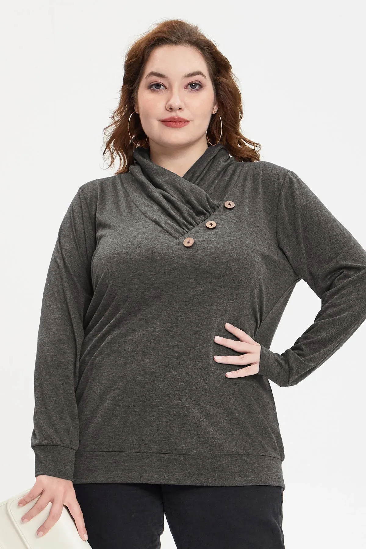Plain Cowl Neck Decor Buttons Shirt