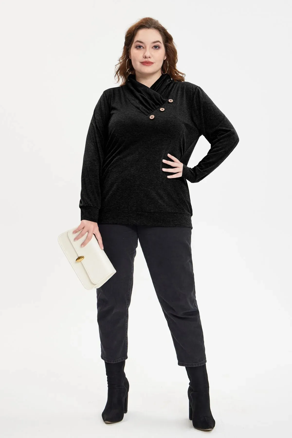 Plain Cowl Neck Decor Buttons Shirt