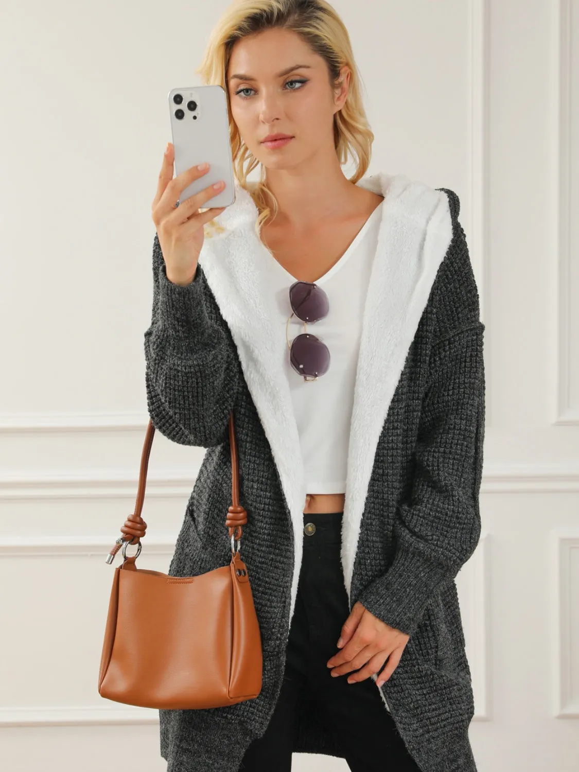 Women's Open Front Hooded Winter Coat with Pockets