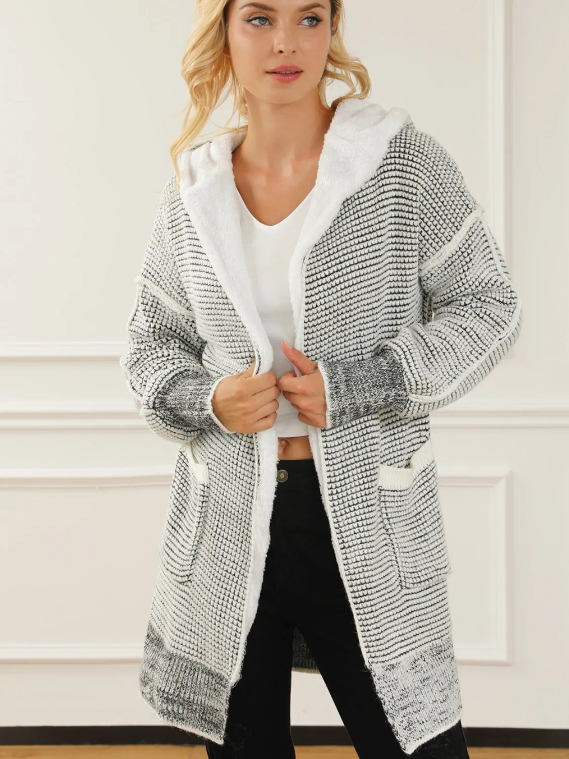 Women's Open Front Hooded Winter Coat with Pockets