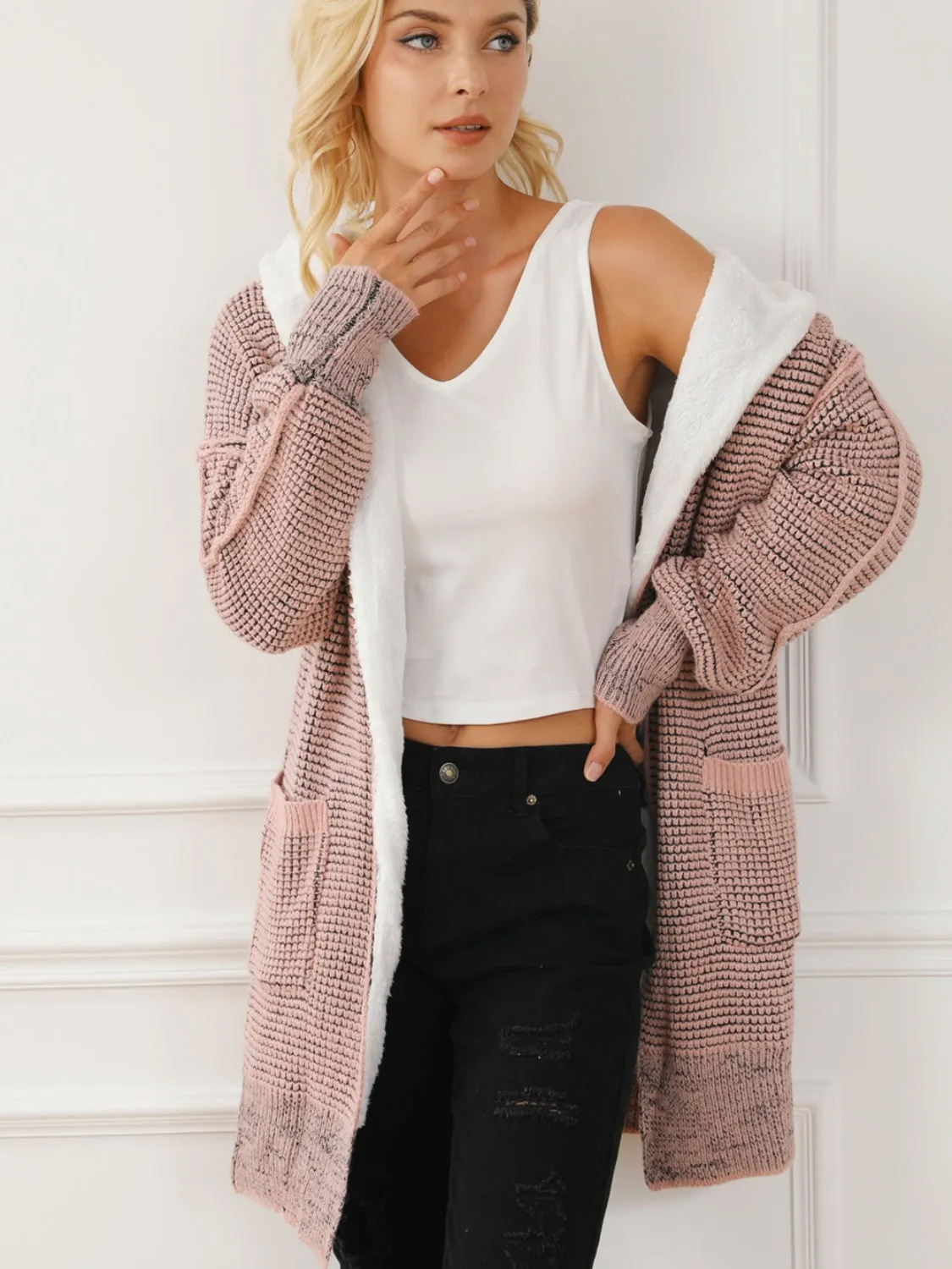 Women's Open Front Hooded Winter Coat with Pockets