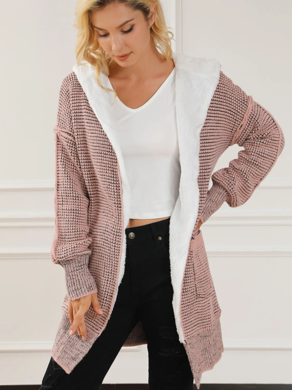 Women's Open Front Hooded Winter Coat with Pockets