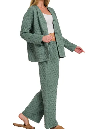 Zenana Fireside Cozy Ash Jade Quilted Jacket and Pants Set